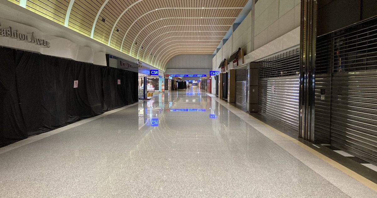 Departure area inside an international airport terminal