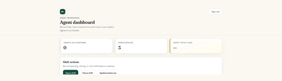 MOMO Ledger agent dashboard showing shift actions and daily operations